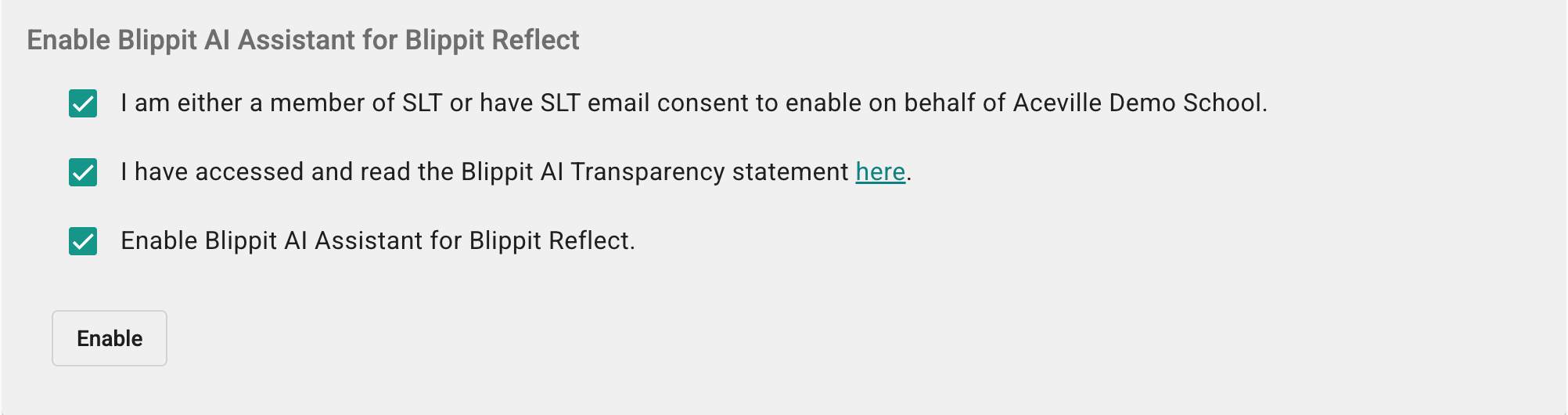 Three checkboxes to enable Blippit AI Assistant