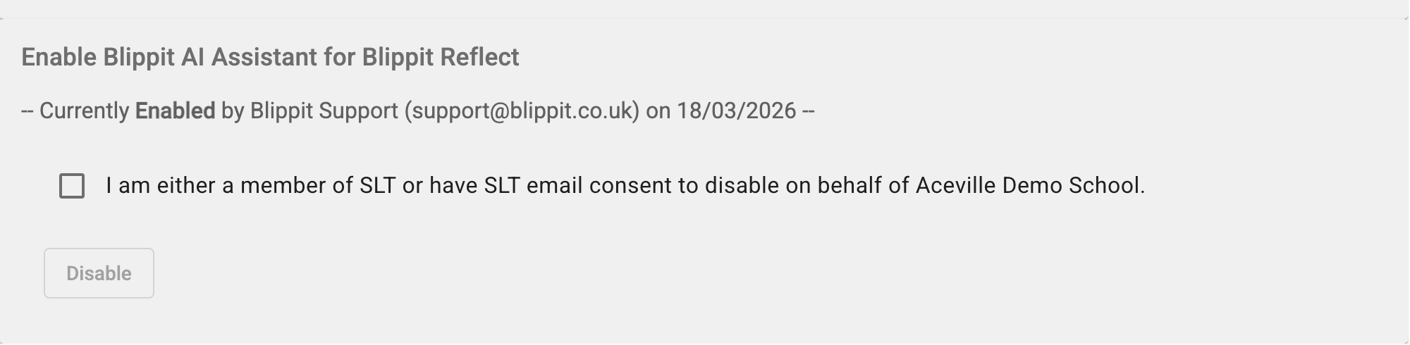Confirmation screen showing AI currently enabled by name and date