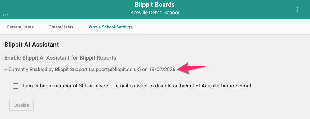 Confirmation screen showing who enabled AI and the date it was activated