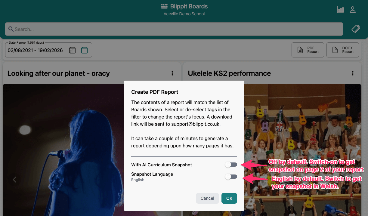 Create PDF Report dialog showing AI Curriculum Snapshot and Snapshot Language toggles