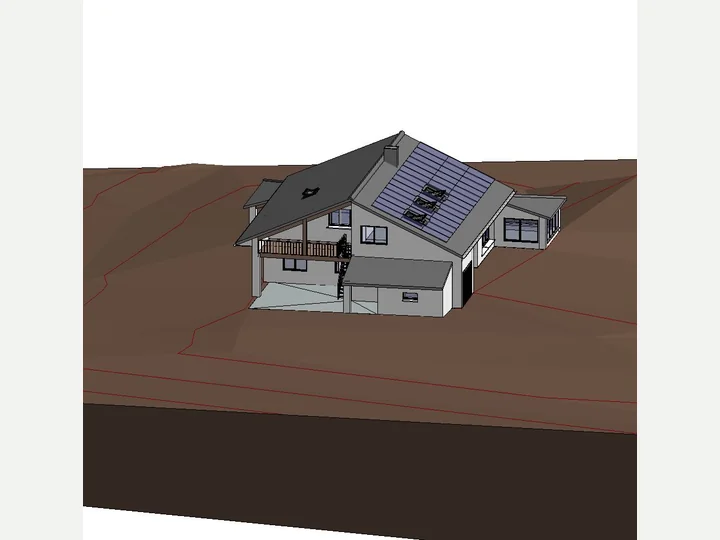 Modélisation 3D d'une maison quatre façades posée sur son terrain, limites de parcelle en rouge.