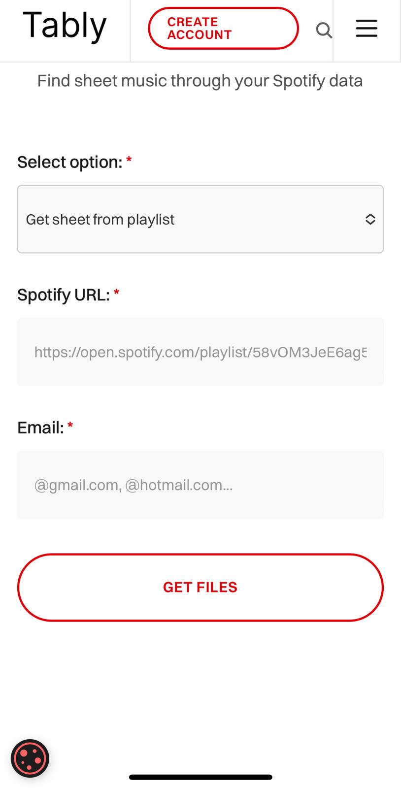 Tably form to find sheet music from Spotify data with fields for playlist URL and email, plus a Get Files button.