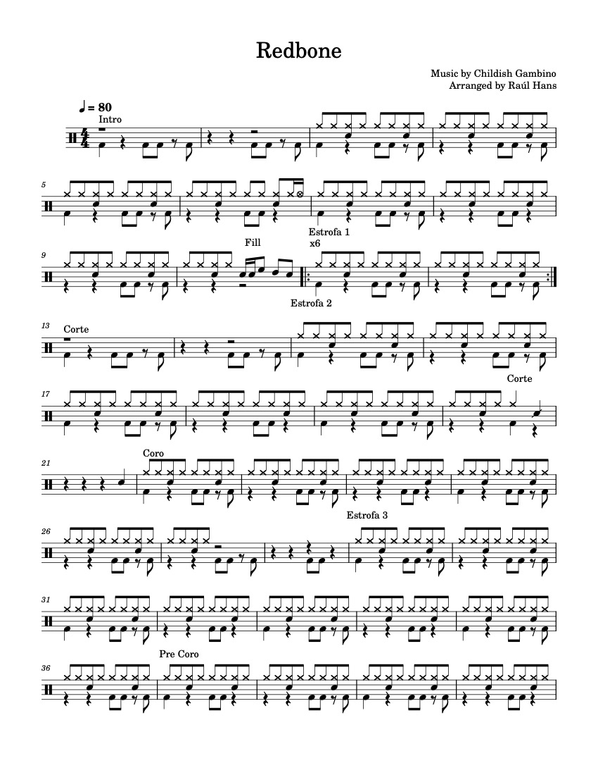 First page of the advanced drums sheet music for Redbone by Childish Gambino on Tably.es