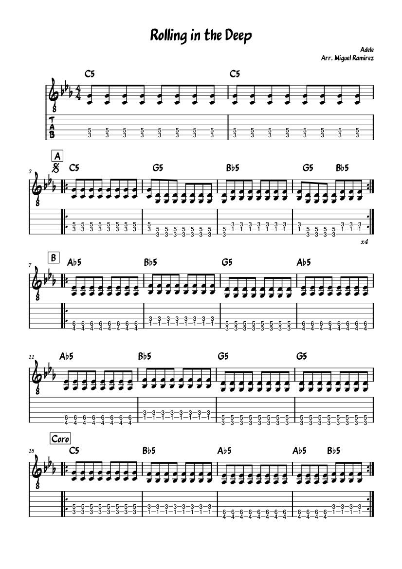 First page of the advanced acoustic guitar sheet music for Rolling In The Deep by Adele on Tably.es