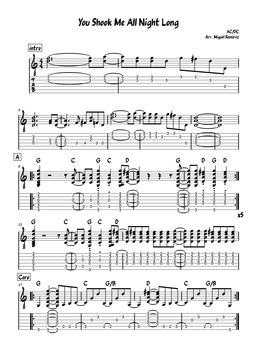 First page of the intermediate  guitar sheet music for You Shook Me All Night Long by AC/DC on Tably.es