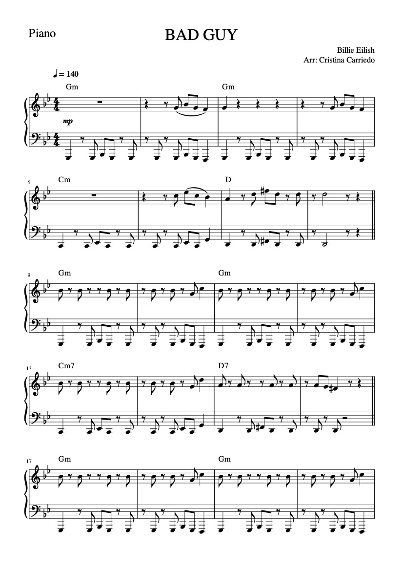 First page of the beginner piano sheet music for Bad Guy by Billie Eilish on Tably.es
