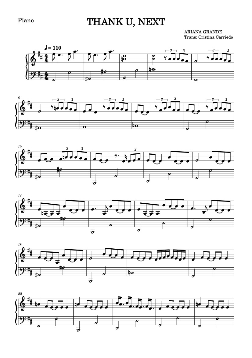 First page of the beginner piano sheet music for Thank u, next by Ariadna Grande on Tably.es