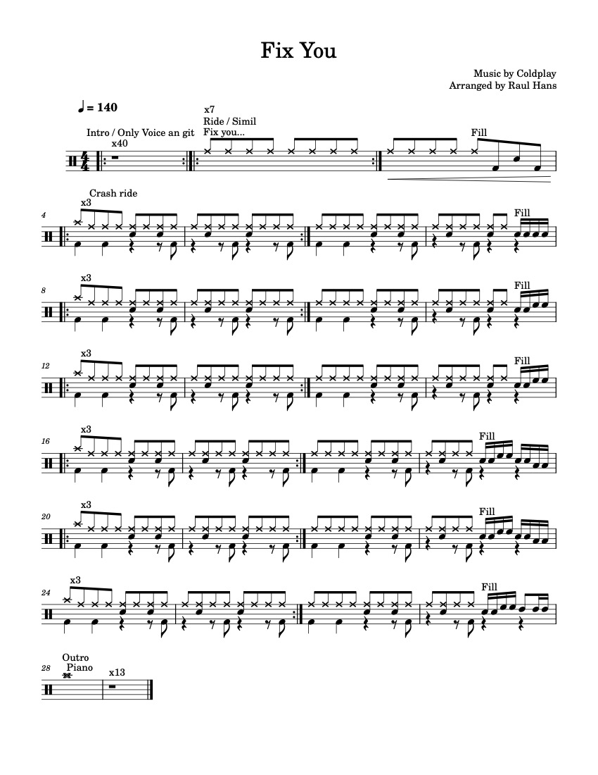 First page of the intermediate drums sheet music for Fix You by Coldplay on Tably.es