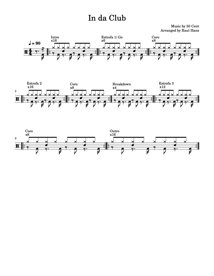 First page of the intermediate drums sheet music for In Da Club by 50 cent on Tably.es
