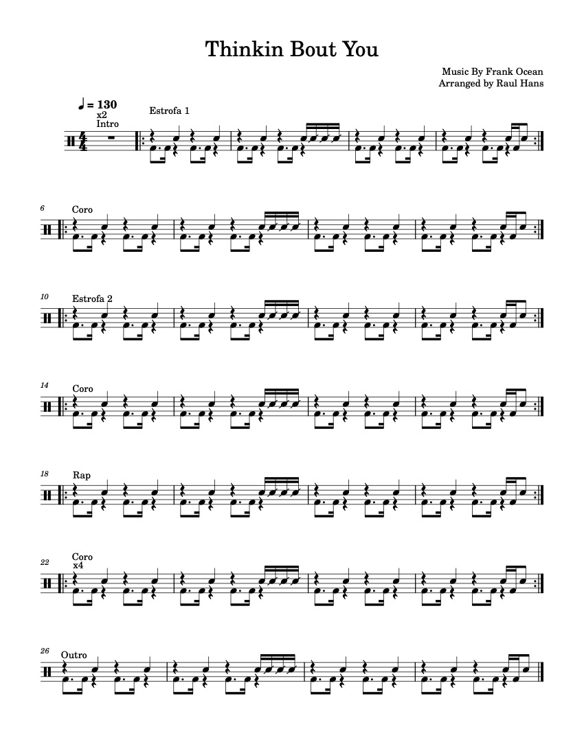 Primera página de la partitura de batería para principiantes de Thinkin Bout You de Frank Ocean en Tably.es