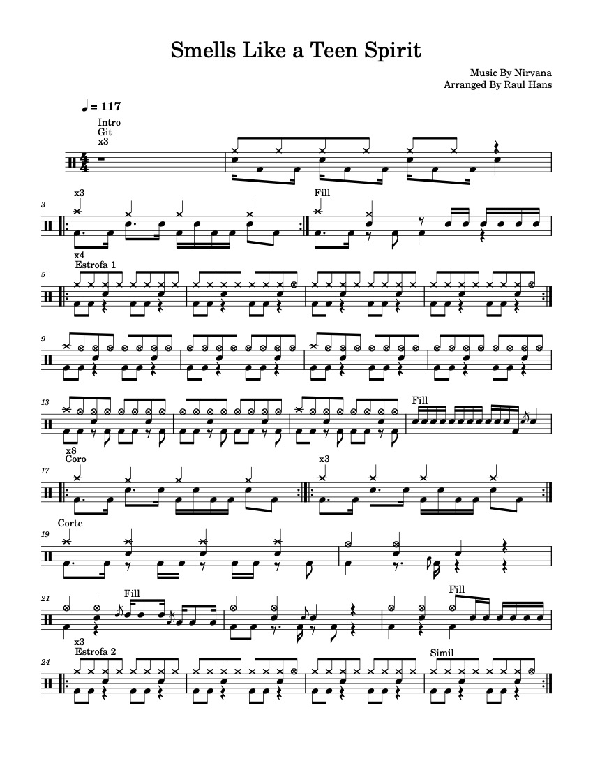 First page of the advanced drums sheet music for Smells Like Teen Spirit by Nirvana on Tably.es