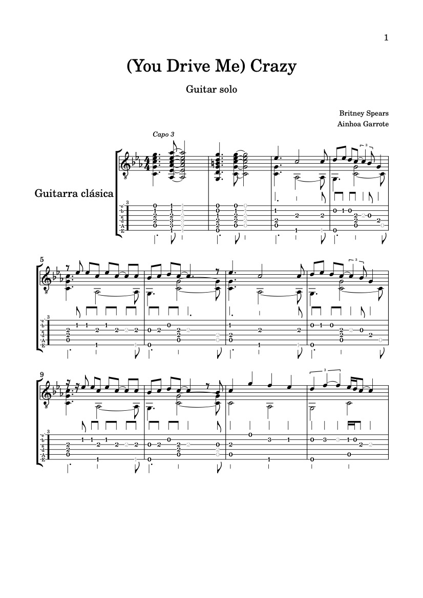 First page of the intermediate electric guitar solo sheet music for (You Drive Me) Crazy by Britney Spears on Tably.es