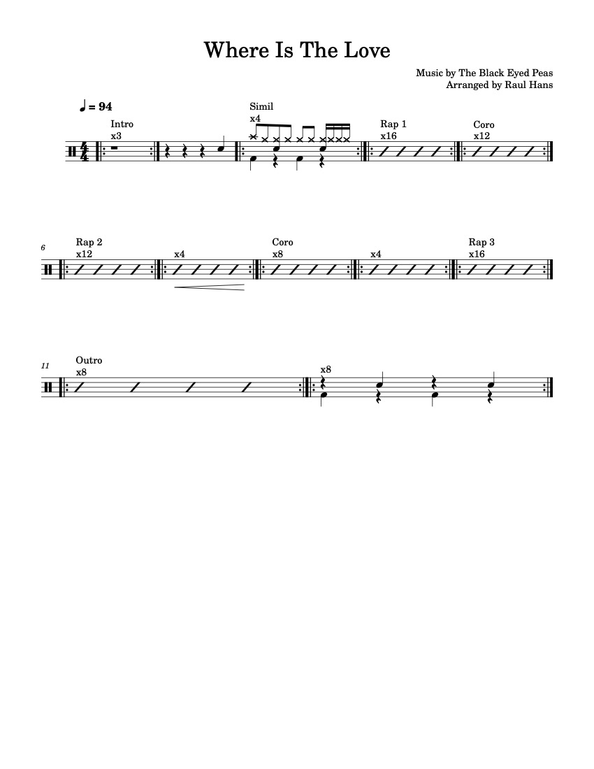 First page of the beginner drums sheet music for Where is the love? by The Black Eyed on Tably.es