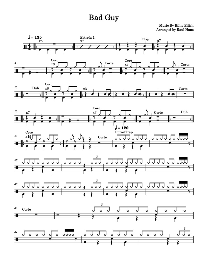 First page of the advanced drums sheet music for bad guy by Billie Eilish on Tably.es
