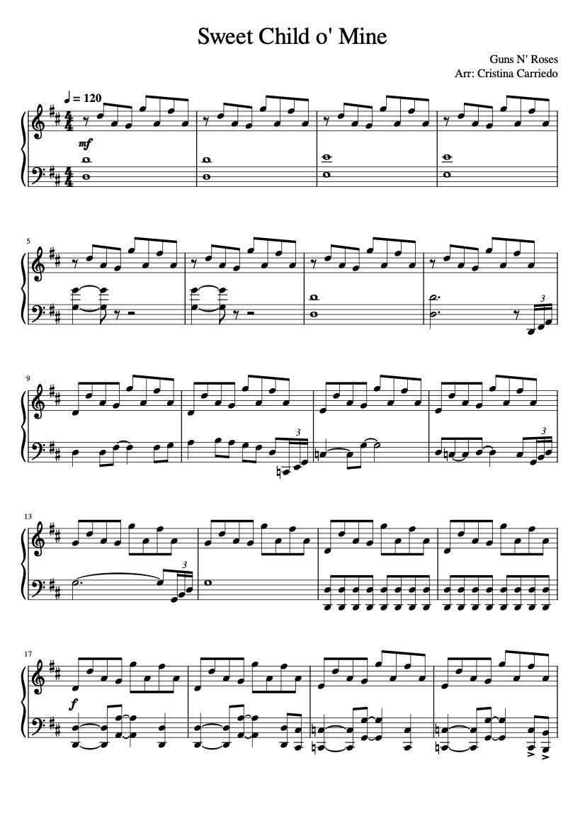 First page of the advanced piano sheet music for Sweet Child o' Mine by Guns N' Roses on Tably.es