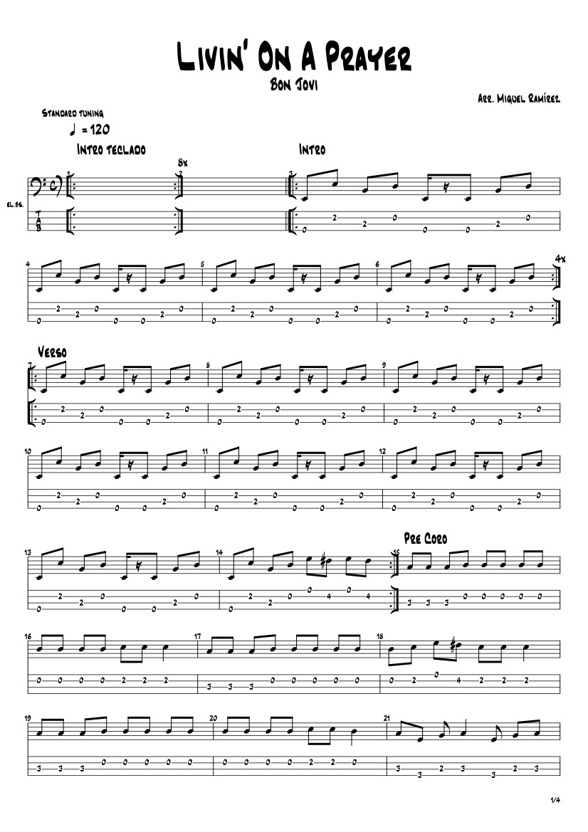 First page of the advanced bass tab for Livin' On A Prayer by Bon Jovi on Tably.es