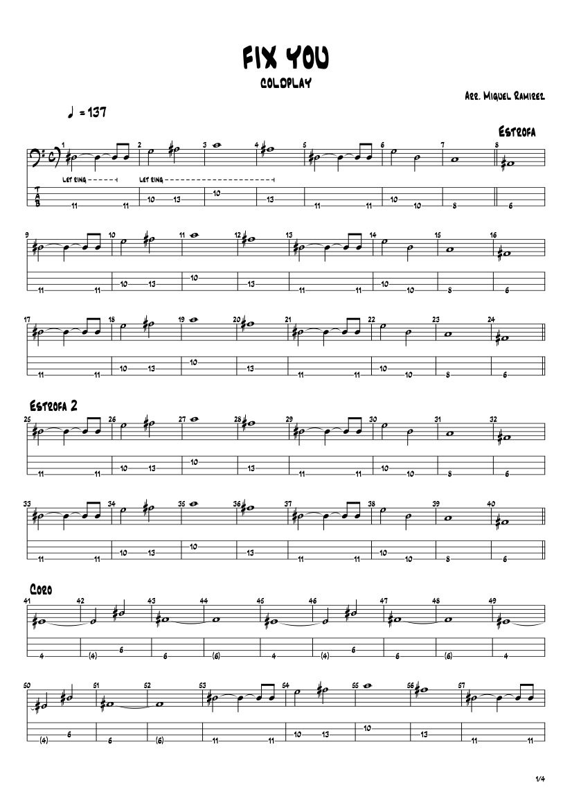 First page of the advanced bass tab for Fix You by Coldplay on Tably.es