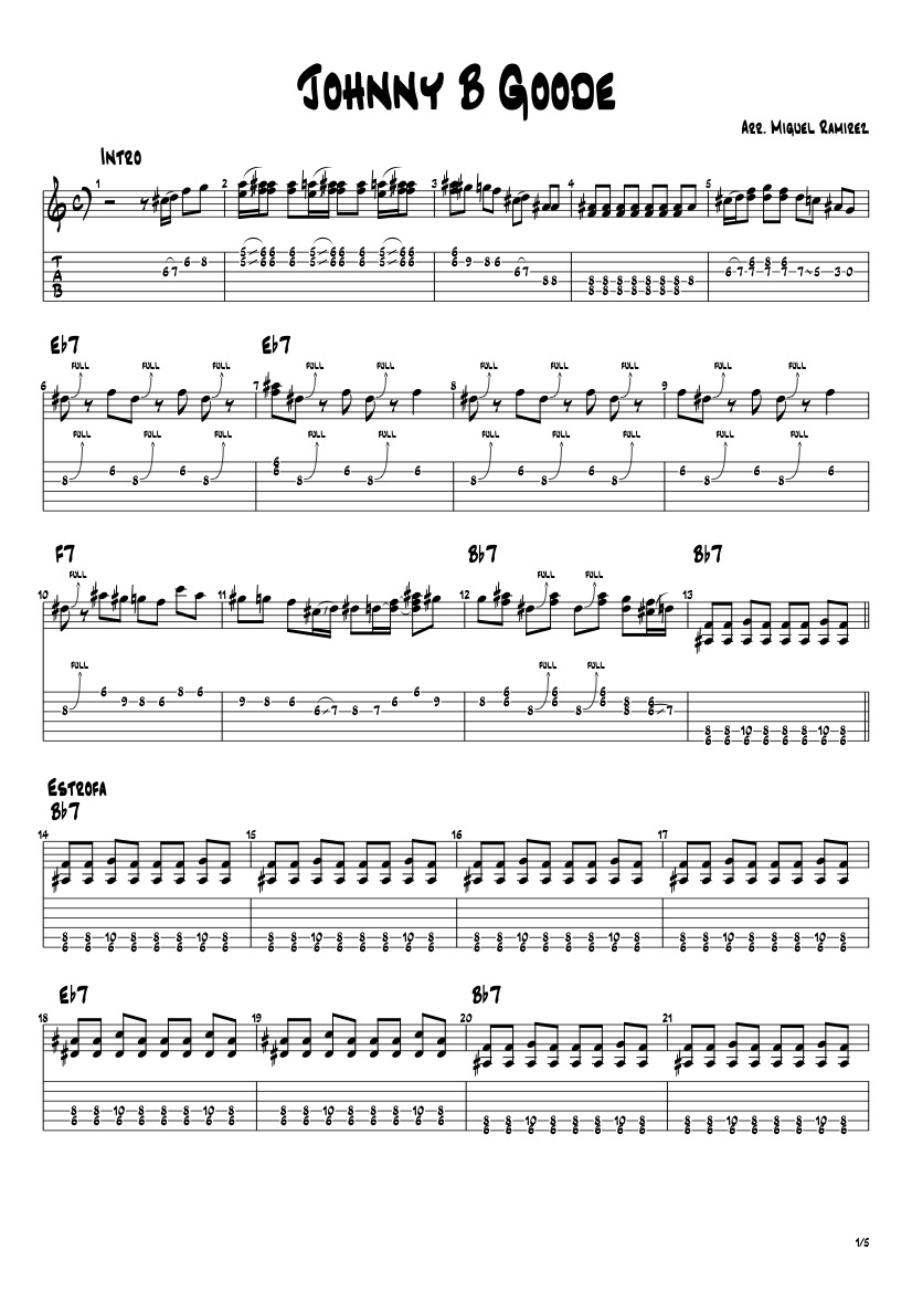 First page of the advanced guitar tab for Johnny B. Goode by Chuck Berry on Tably.es