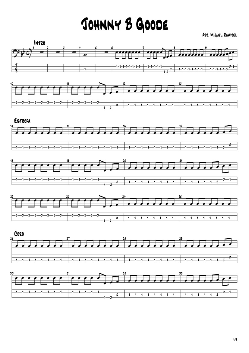 First page of the advanced bass tab sheet music for Johnny B. Goode by Chuck Berry on Tably.es