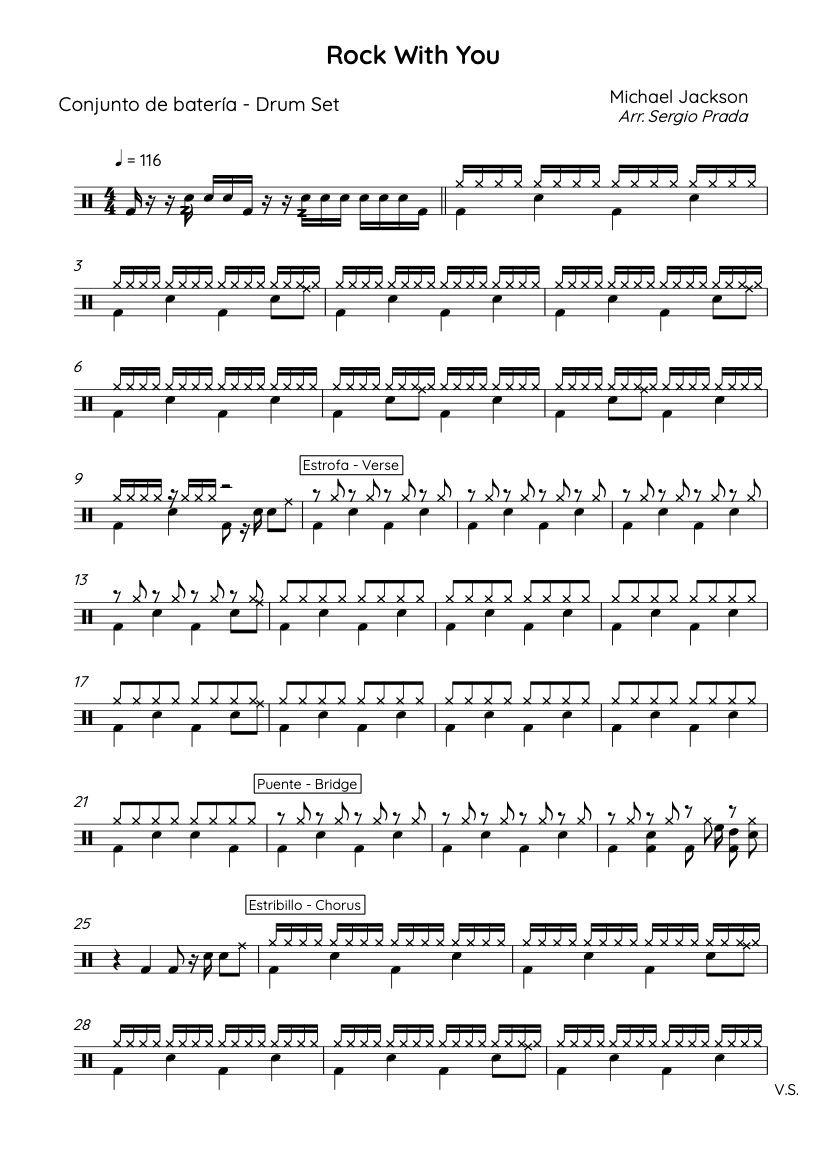 First page of the advanced drums sheet music for Rock With You by Michael Jackson on Tably.es