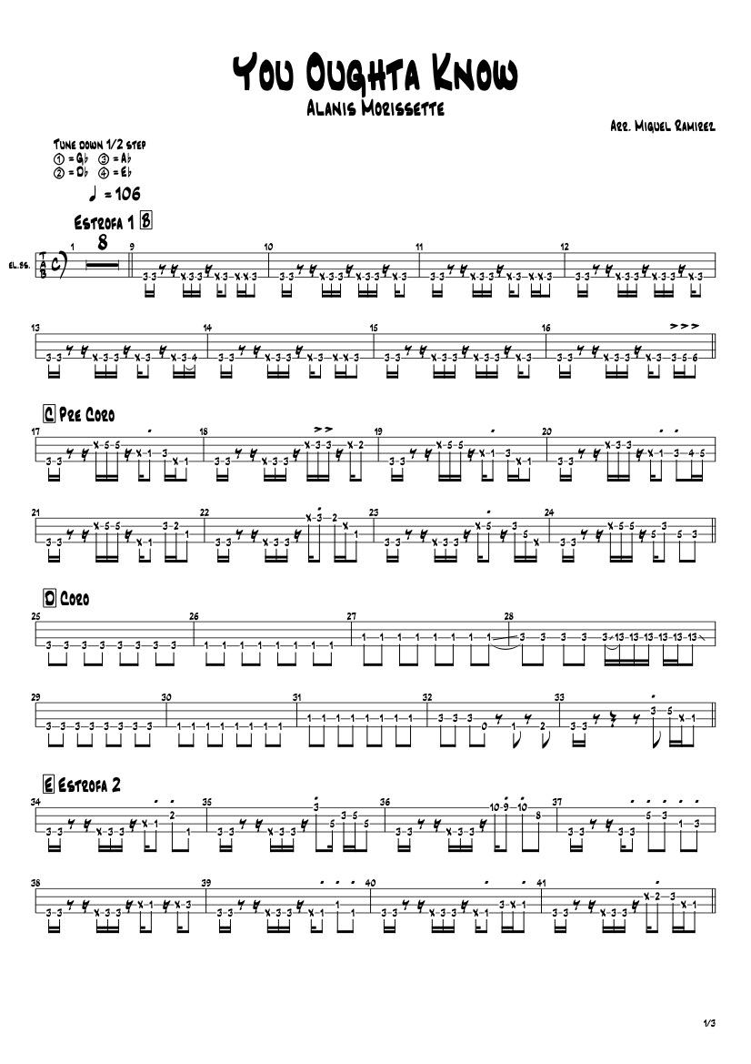 First page of the advanced bass tab sheet music for You Oughta Know by Alanis Morissette on Tably.es
