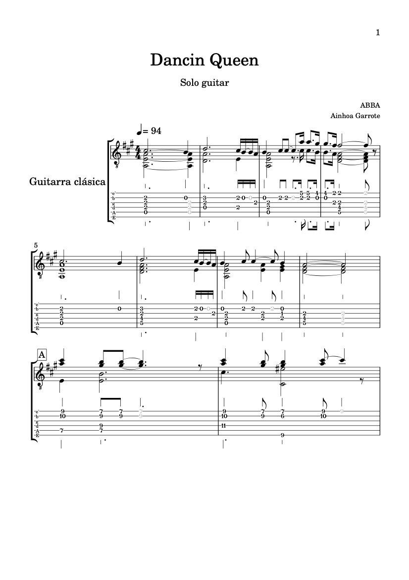 First page of the intermediate guitar tab solo sheet music for Dancing Queen by ABBA on Tably.es