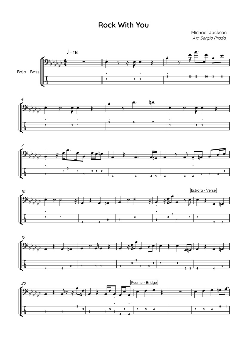 First page of the advanced bass tab sheet music for Rock With You by Michael Jackson on Tably.es