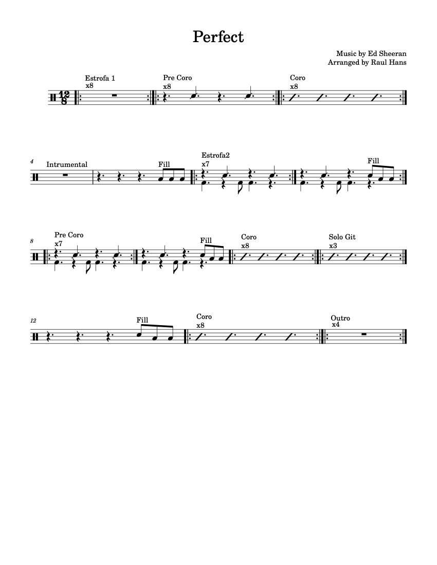 First page of the advanced drums sheet music for Perfect by Ed Sherran on Tably.es