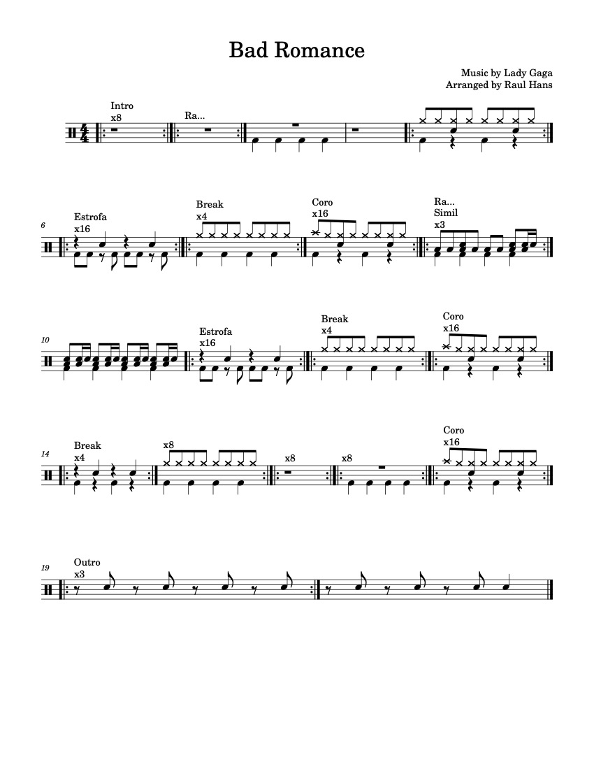 First page of the advanced drums sheet music for Bad Romance by Lady Gaga on Tably.es