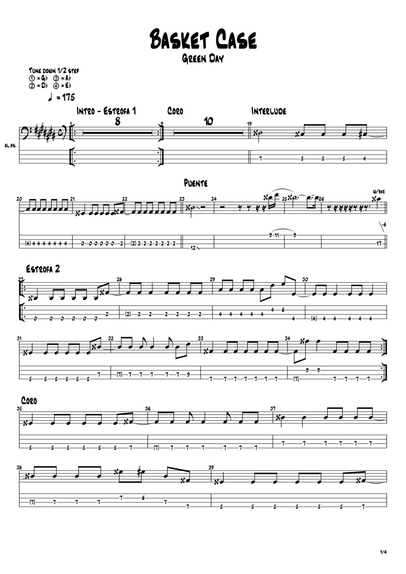 First page of the advanced bass tab sheet music for Basket Case by Green Day on Tably.es