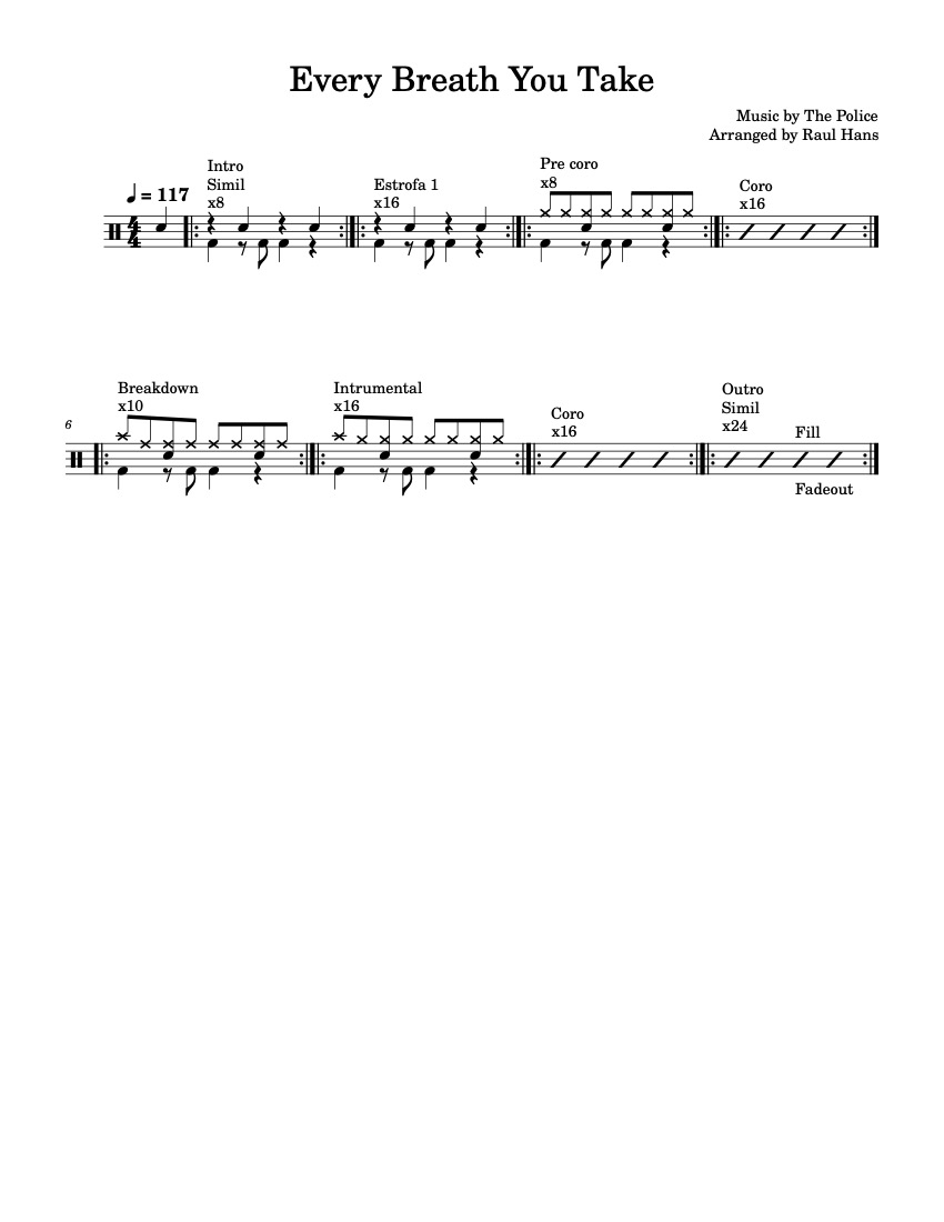 First page of the advanced drums sheet music for Every Breath You Take by The Police on Tably.es