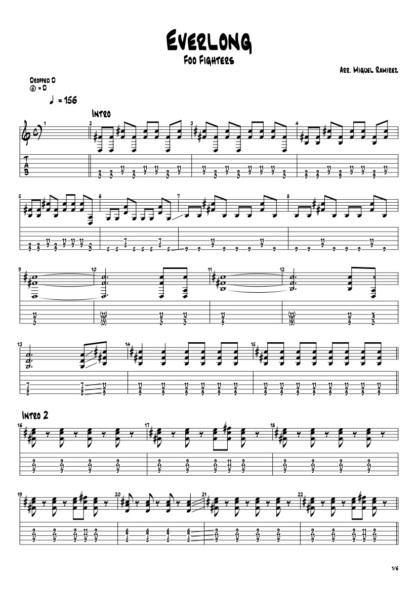 First page of the advanced guitar tab for Everlong by Foo Fighters on Tably.es