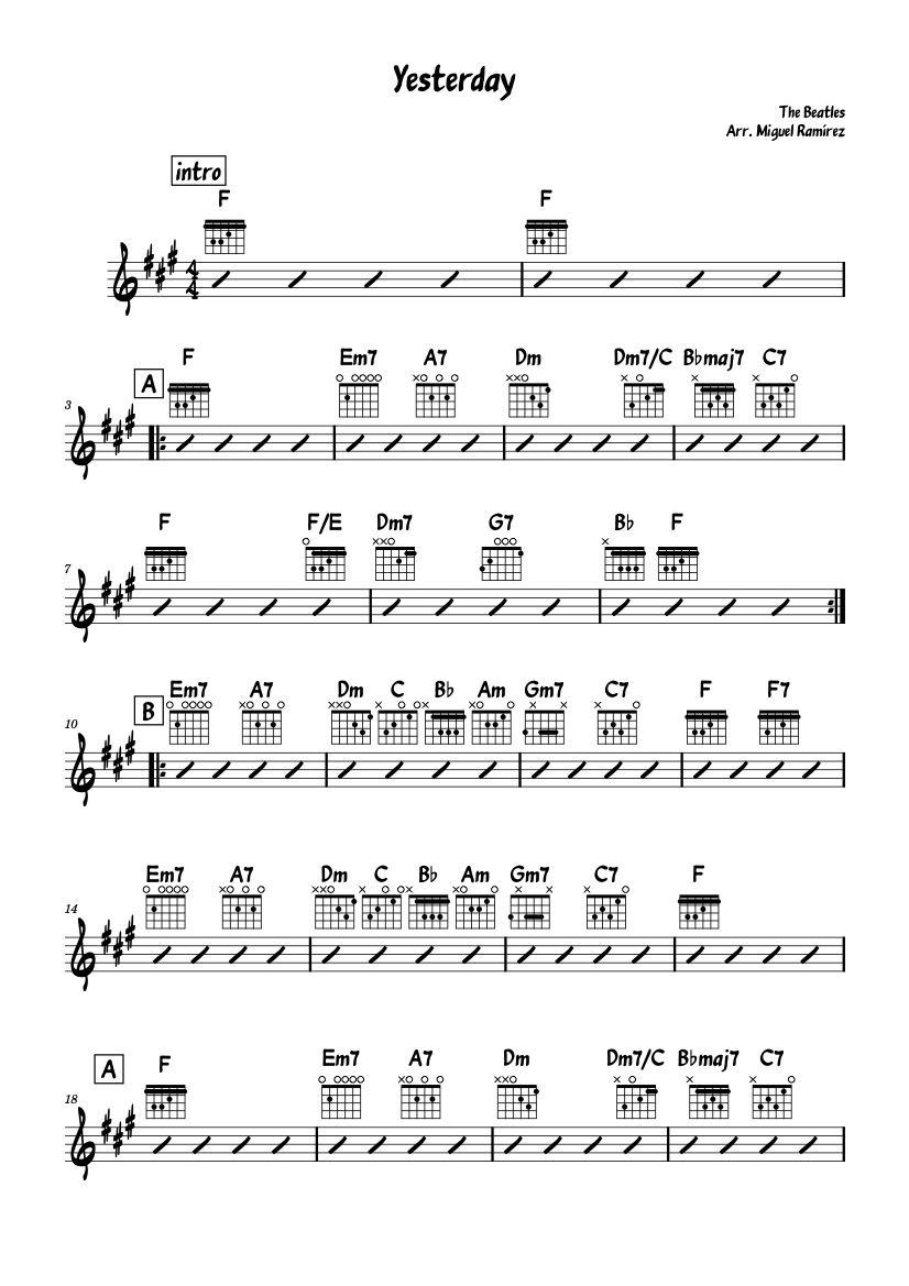 First page of the intermediate guitar tab for Yesterday by The Beatles on Tably.es