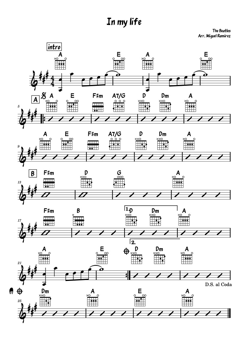 First page of the intermediate guitar tab for In My Life by The Beatles on Tably.es