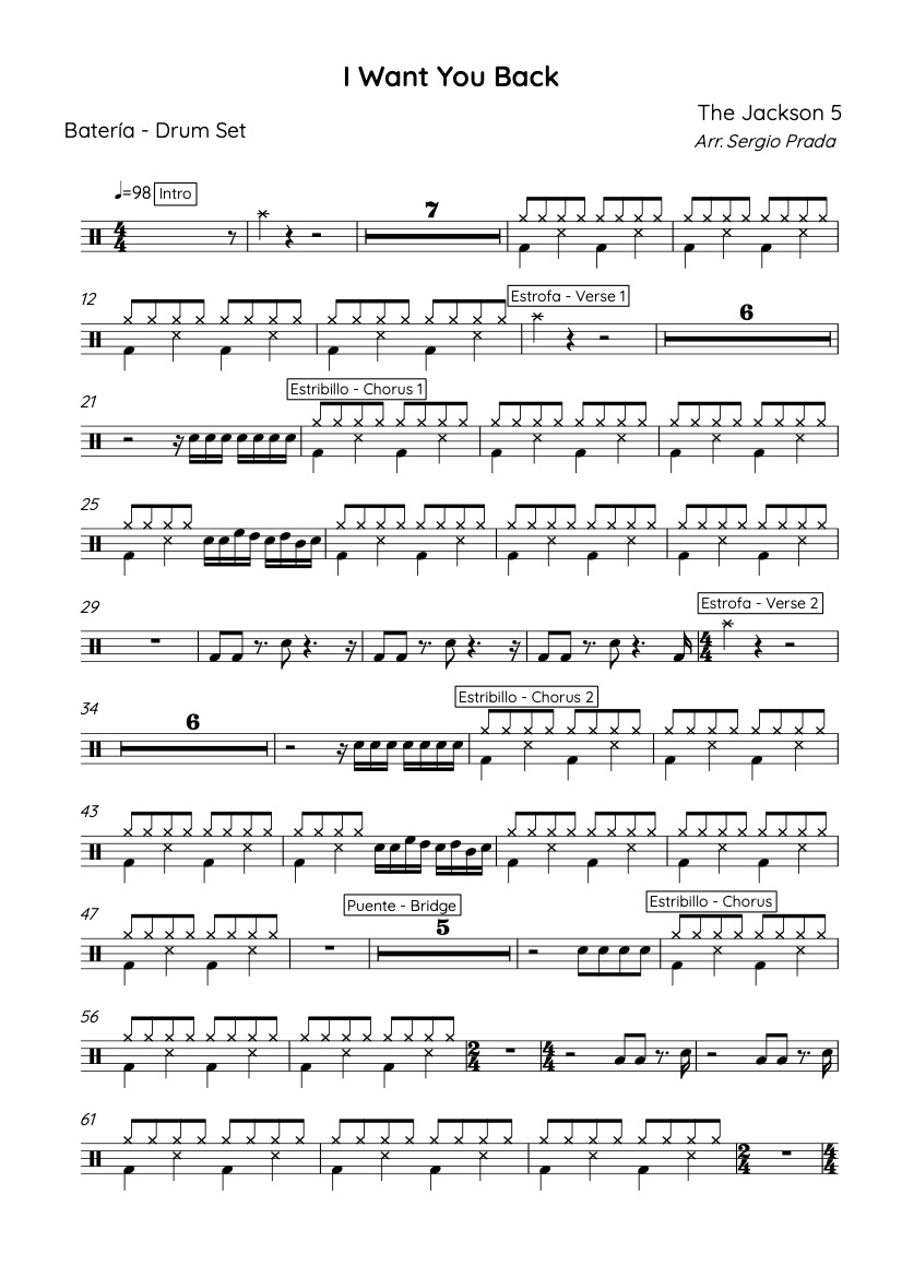 First page of the intermediate drums tab sheet music for I Want You Back by The Jackson 5 on Tably.es