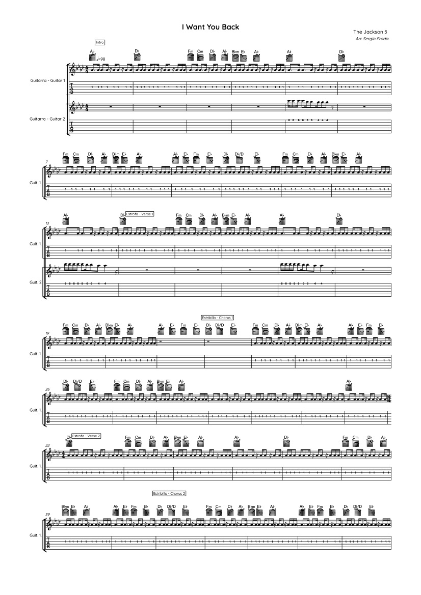 First page of the intermediate guitar tab sheet music for I Want You Back by The Jackson 5 on Tably.es