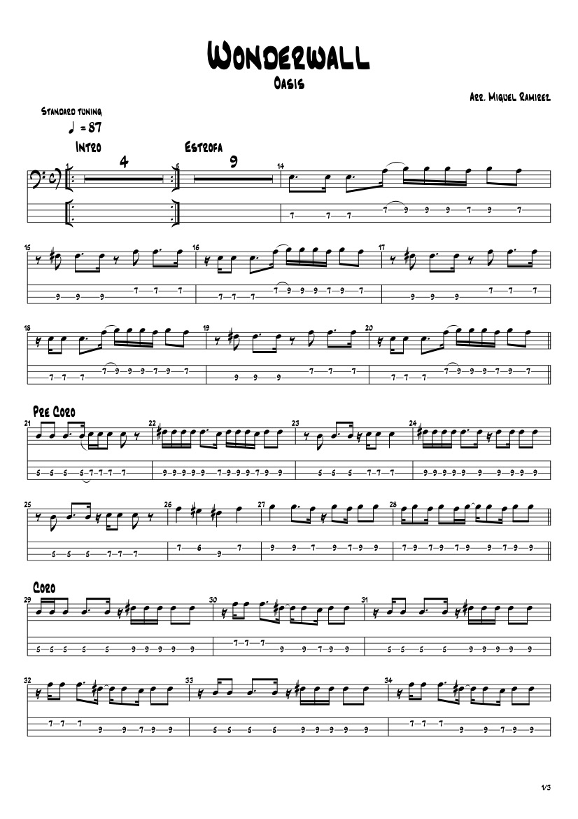 First page of the advanced bass tab sheet music for Wonderwall by Oasis on Tably.es