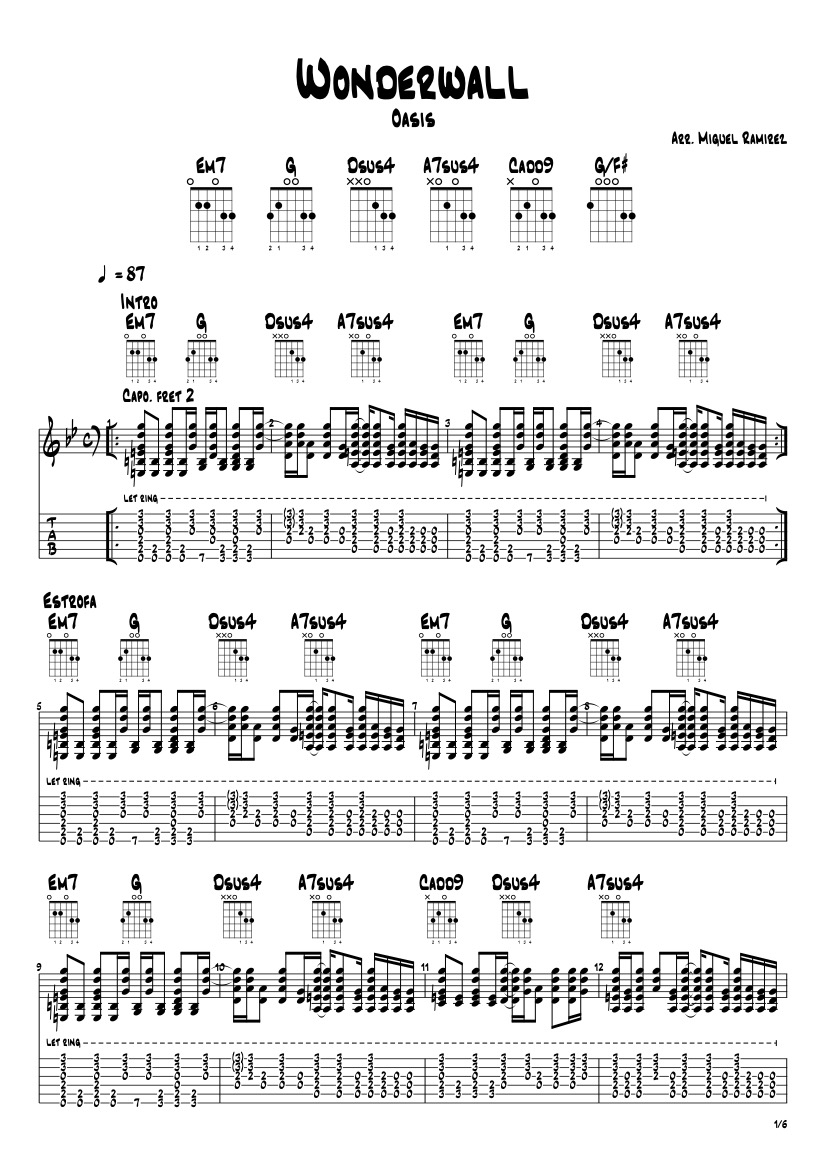 First page of the intermediate guitar tab sheet music for Wonderwall by Oasis on Tably.es