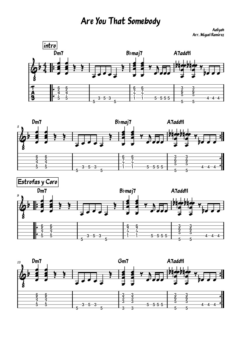 First page of the beginner guitar tab sheet music for Are You That Somebody? by Aaliyah on Tably.es
