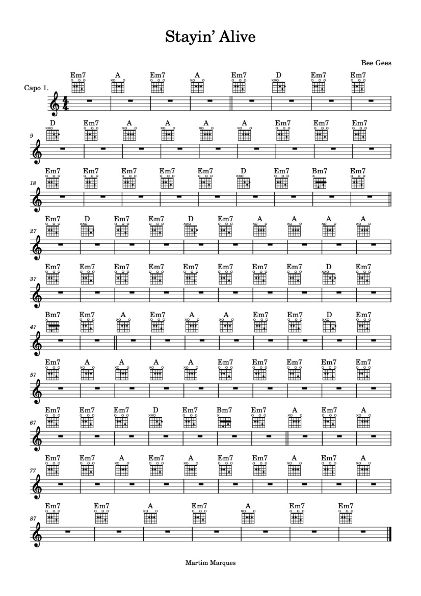 First page of the intermediate guitar tab sheet music for Stayin' Alive by Bee Gees on Tably.es