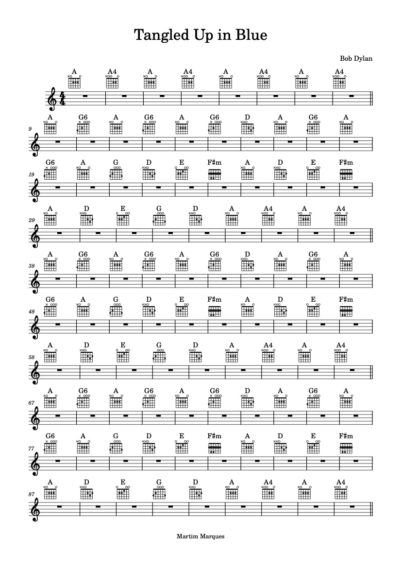 First page of the intermediate guitar tab sheet music for Tangled Up in Blue by Bob Dylan on Tably.es