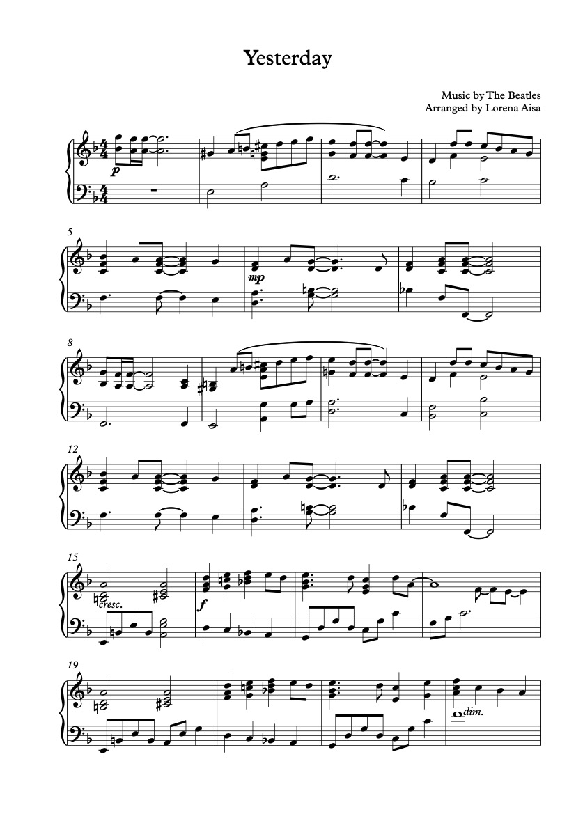 First page of the intermediate piano sheet music for Yesterday by The Beatles on Tably.es