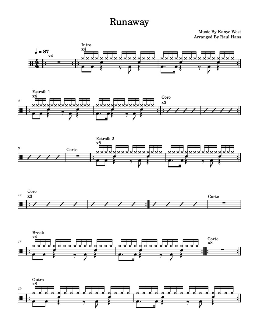 First page of the beginner drums tab sheet music for Runaway by Kanye West on Tably.es