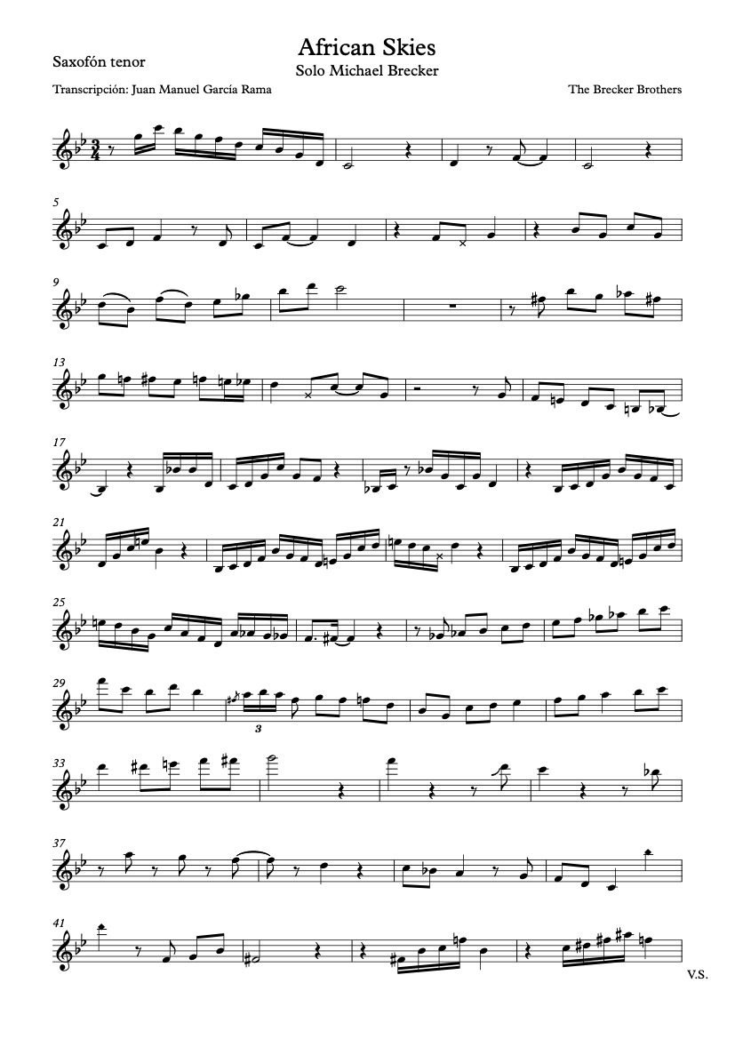 First page of the advanced saxophone sheet music for African Skies by The Brecker Brothers on Tably.es