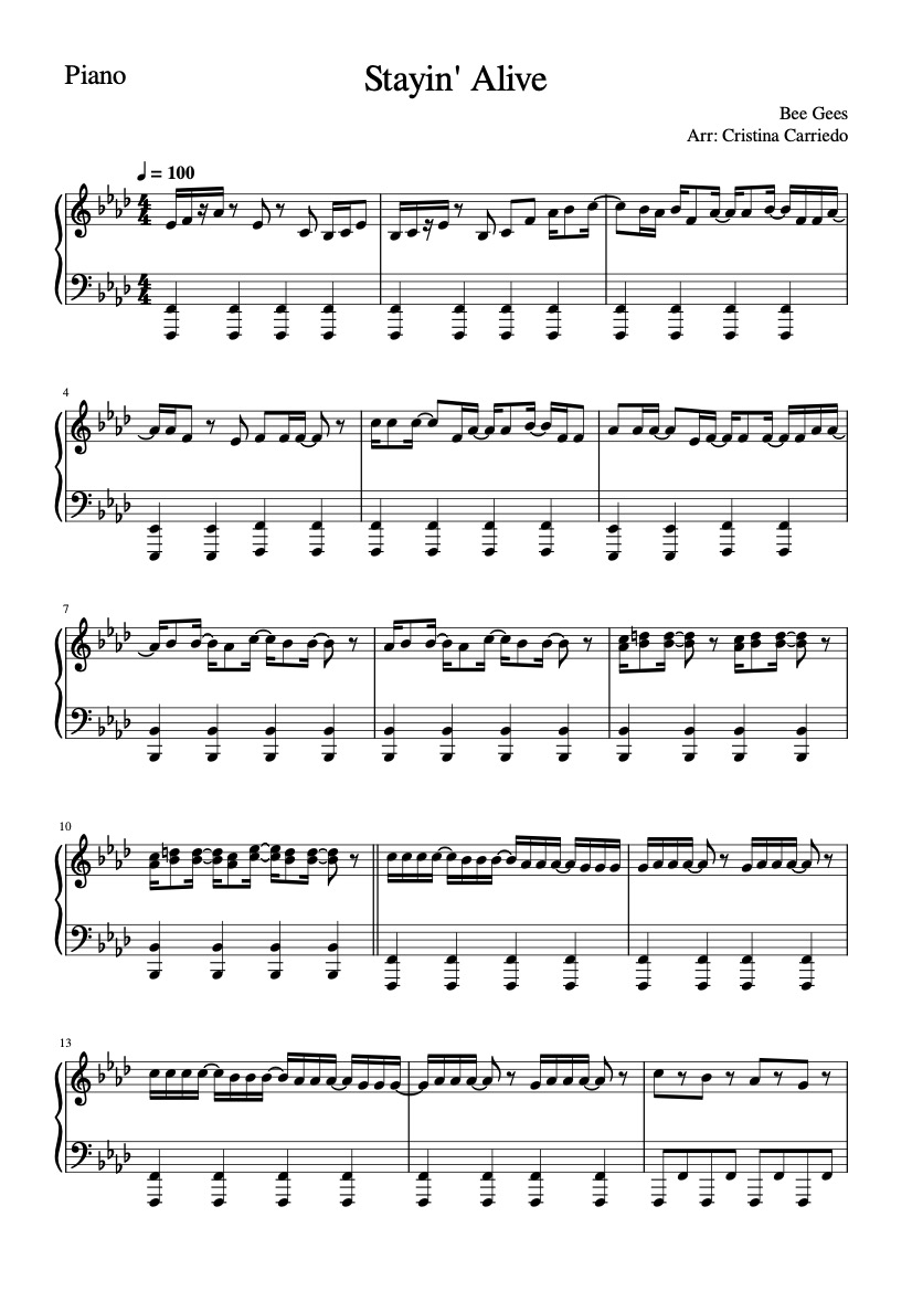 First page of the intermediate piano sheet music for Stayin' Alive by Bee Gees on Tably.es