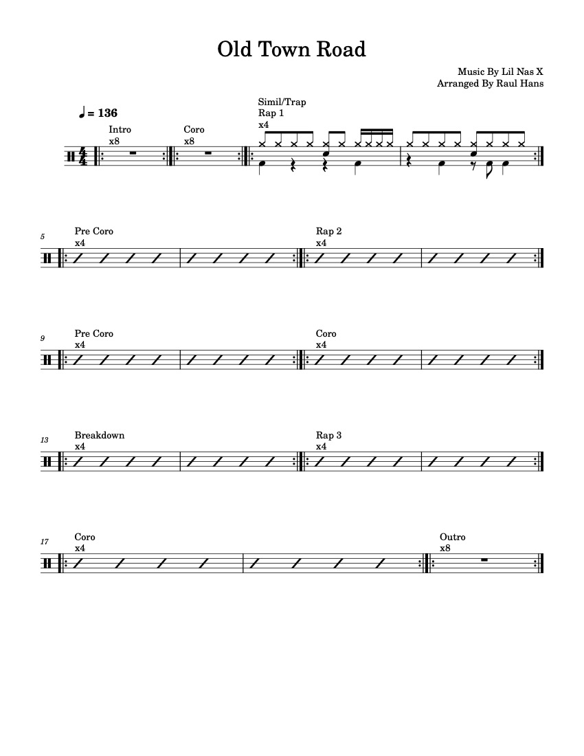 First page of the beginner drums tab sheet music for Old Town Road by Lil Nas X on Tably.es