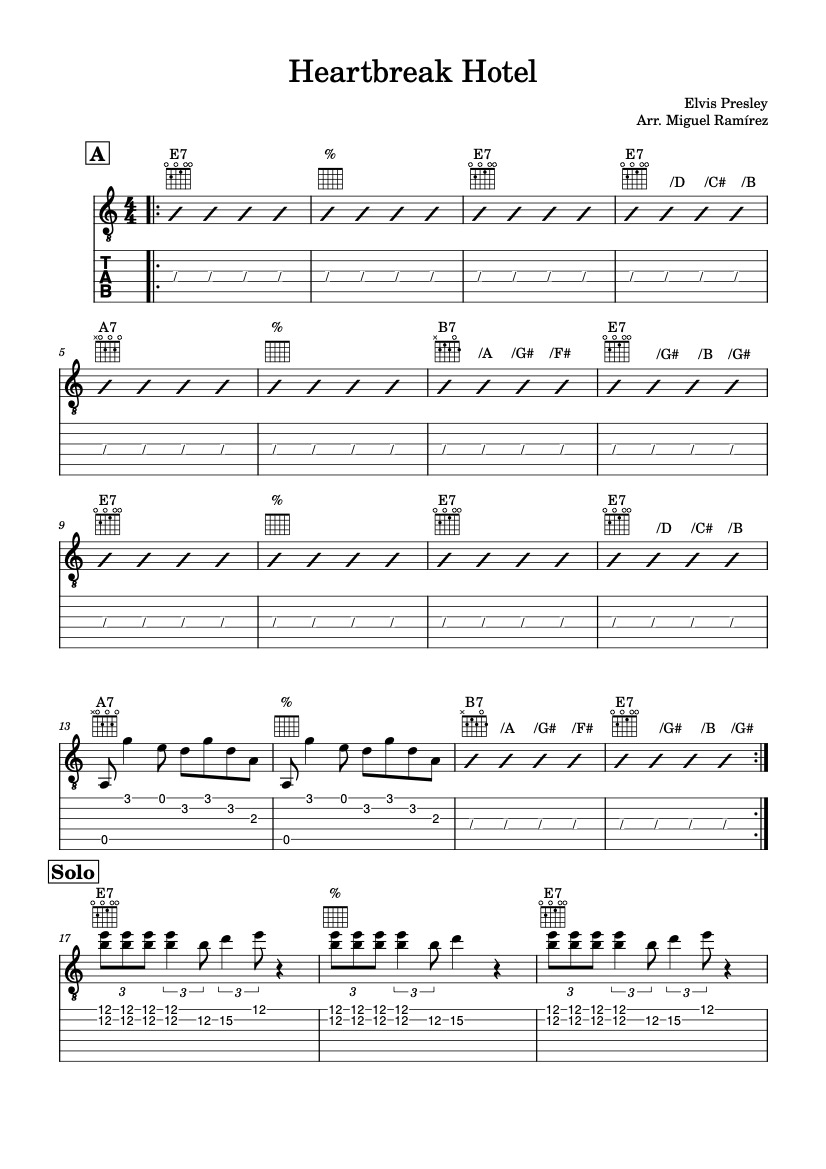 First page of the beginner guitar tab sheet music for Heartbreak Hotel by Elvis Presley on Tably.es