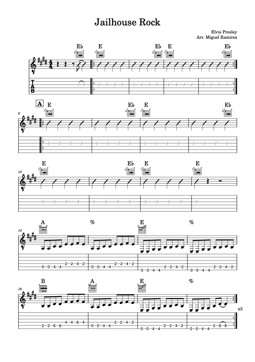 First page of the beginner guitar tab sheet music for Jailhouse Rock by Elvis Presley on Tably.es