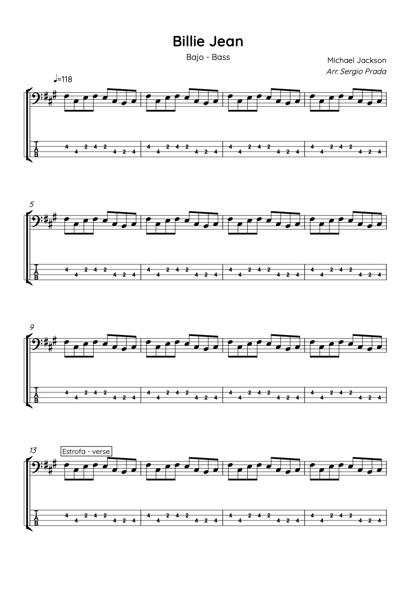 First page of the advanced bass tab sheet music for Billie Jean by Michael Jackson on Tably.es