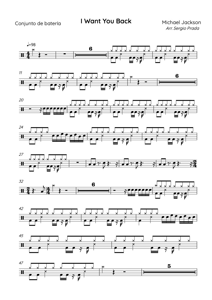 First page of the intermediate drums tab sheet music for I Want You Back by The Jackson 5 on Tably.es